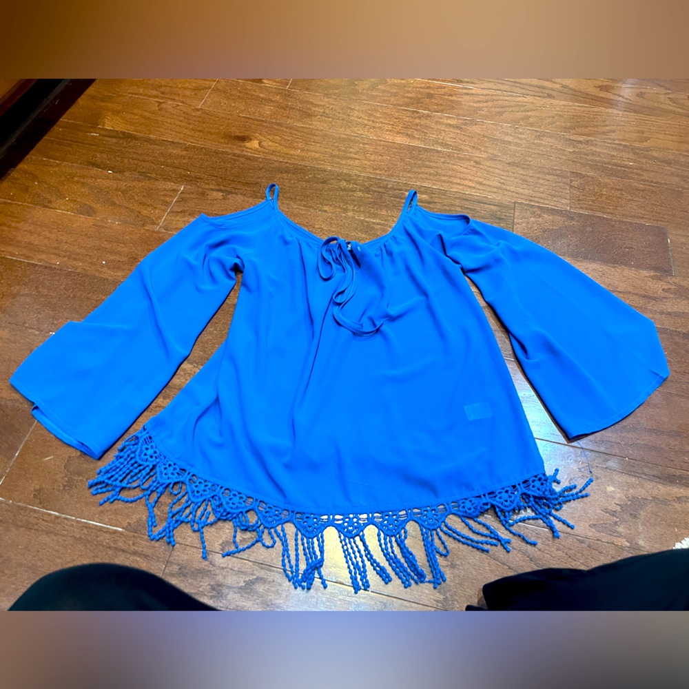 YA Los Angeles Royal Blue Sheer Open Cold Shoulder Blouse Cover Top Size Medium
